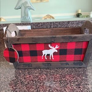 Red and Black Plaid Wooden Box with Moose Design